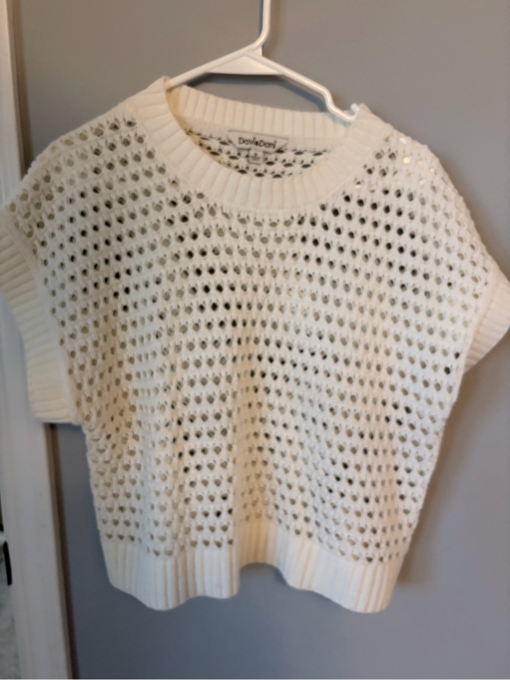 DAVI & DANI Cream Open-Knit Short Sleeve Crew Sweater